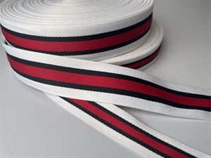 Satinvævet bånd - hvid og sort med rød stribe, 20 mm